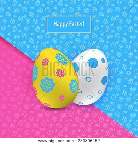 Two Yellow White Easter Eggson The Pinkb Blue Paper Background. Bright Easter Banner