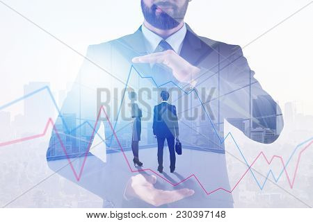 Businessman Pointing At Forex Chart On Abstract City Background. Meeting, Teamwork And Finance Conce
