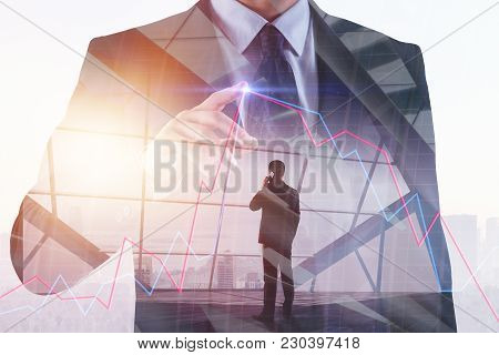 Businessman Pointing At Forex Chart On Abstract City Background. Meeting, Teamwork And Trade Concept