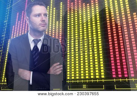 Finance And Investment Concept. Businessman On Abstract Forex City Background. Double Exposure