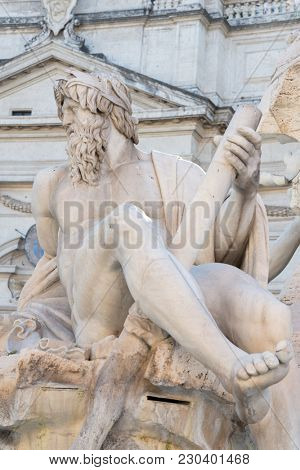 Piazza Navona, Rome, Italy, Europe. Rome ancient stadium. Navona Square, fountain of the four rivers, detail.