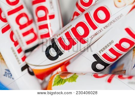 Fuerth / Germany - March 3, 2018: Duplo Bars Lies In A Bowl. Duplo Produced By Ferrero Which Was Fou