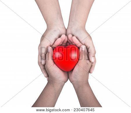 Love Concept : Woman Holding Young Kids Hands And Supporting Red Heart Shape Isolated On White. Save