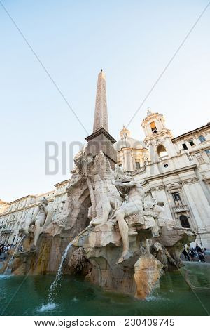 Piazza Navona, Rome, Italy, Europe. Rome ancient stadium. Navona Square, fountain of the four rivers, detail. 18 of July 2017.