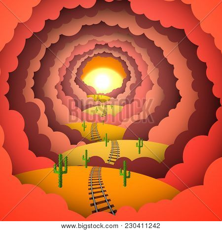 Colored Paper Technique Red Clouds And Sunset In The Desert, Nature Scene With An Old Railroad That 