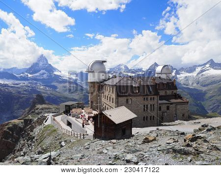 Swiss Alps Landscapes With Matterhorn Mount In Switzerland, Kulm Hotel And Observatory At 3, 120 Met