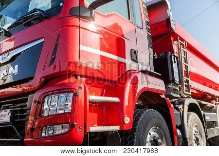 Nuernberg / Germany - March 4, 2018: Man Tgs 35.460 8x8 Dumper Stands On A Platform Near The Man Fac