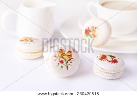 Vanilla French Beautiful White Macarons On White Background Cup Of Coffee Beautiful Dessert Modern D
