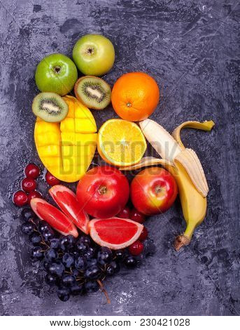 Mix Fruits Background.fresh Fruits Close Up.healthy Eating, Dieting Concept Tropical Fruits Kiwi Wat