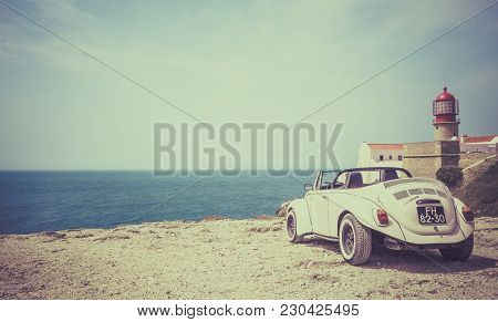 SAGRES, PORTUGAL - AUGUST 26, 2016: Classic cabrio car at Cape St. Vincent in Portugal