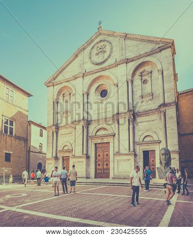 PIENZA, ITALY - JUNE 21, 2015: Antique cathedral at the main square in Pienza town, Tuscany
