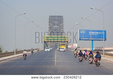 Mandalay, Myanmar - Feb 18,2018 : Mandalay - Shwebo Road With The Irrawaddy Bridge (yadanabon Or Aye