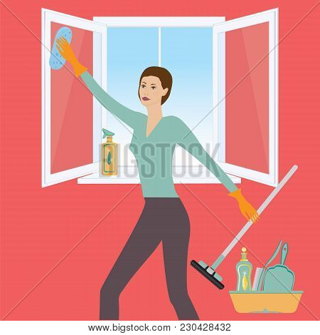 Woman Washes Open Window, Cleansers For Apartment, Windshield Wiper, Brush, Sponge, Art Creative Mod