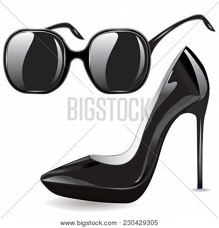 Realistic Black Sunglasses And A Black Patent-leather High-heeled Shoe Isolated On White Background 