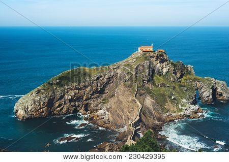 Sea Scape On Background Gaztelugatxe Steps Sun Huan, Hipster Girl Looking On Nature Horizon Ocean, R