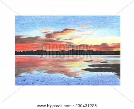 Hand Drawing Picture A Summer Sunset Over The Sea With Red Sky