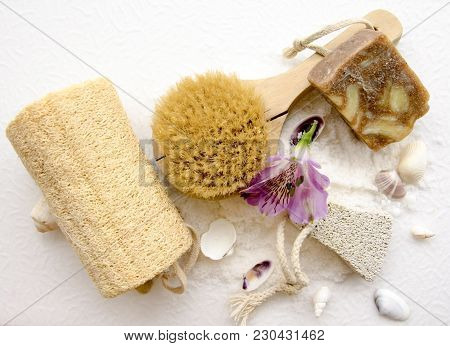 Sea Salt Crystals For Bathroom, Pumice, Luff,  Alstroemeria Flower, Body Brush, Shells, Handmade Soa