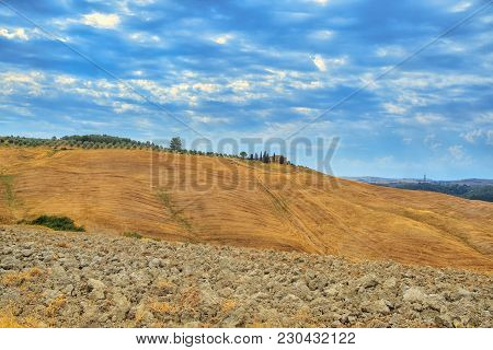 Country Landscape Along The Road From Asciano To Torre A Castello, Siena, Tuscany, Italy, At Summer