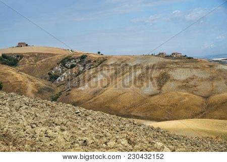 Country Landscape Along The Road From Asciano To Torre A Castello, Siena, Tuscany, Italy, At Summer
