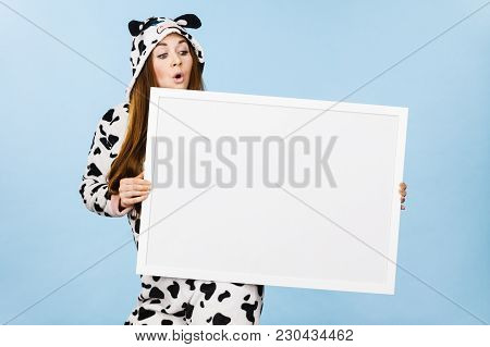 Positive Teenage Girl In Funny Nightclothes, Pajamas Cartoon Style With Blank Empty Banner Board. Ad