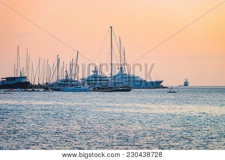 Sunrise With Yachts At Costa Smeralda At Mediterranean Sea, Sardinia, Italy