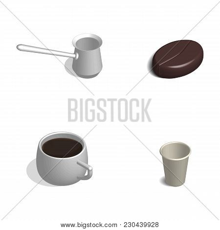 Coffee Set. Cup, Bean And Cezve Isolated On White Background. 3d Isometric Style, Vector Illustratio