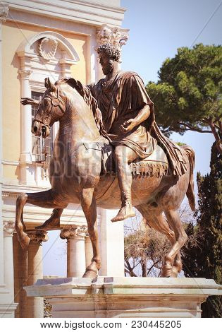 Equestrian Statue Of Marcus Aurelius In Piazza Del Campidoglio In Rome .