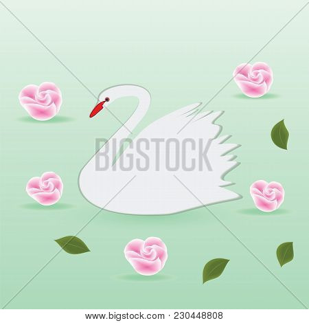 Swan White Delicate Pink Flowers Background Light Green Art Abstract Modern Creative Vector Illustra