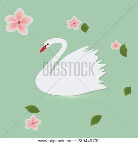 Swan White And Flowers Gentle Pink Background Light Green Creative Art Abstract Modern Vector