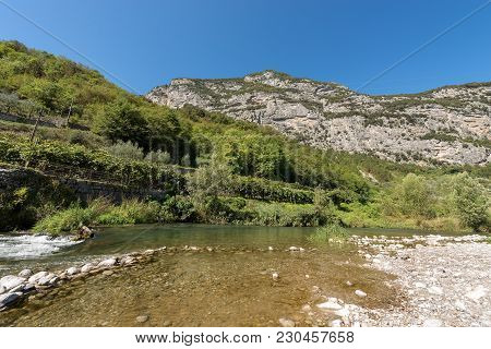 The Sarca River (fiume Sarca) And Italian Alps. Trentino Alto Adige, Italy, Europe