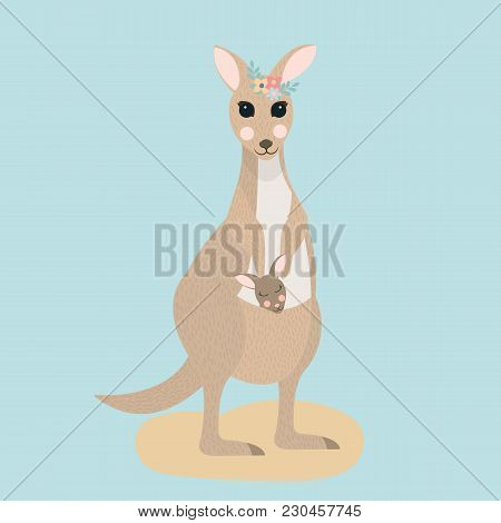 Australia Kangaroo Animal Mother With Child In Pocket On Blue Background. Vector Illustration Of Iso