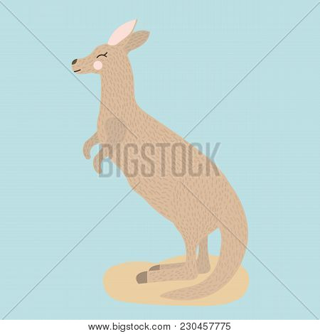 Cute Cartoon Kangaroo On Blue Background, Vector Illustration.