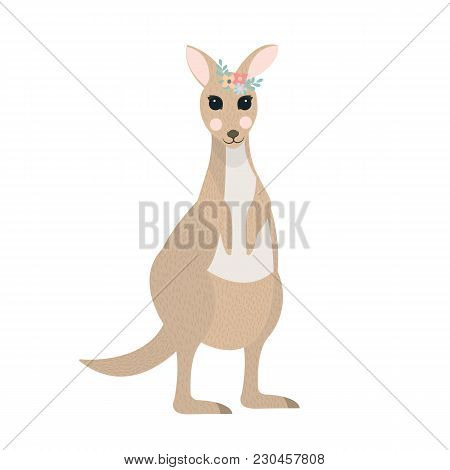 Cute Cartoon Kangaroo On Isolated White Background, Vector Illustration.