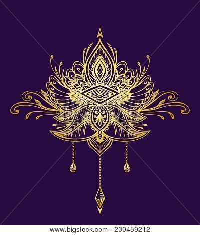Abstract Zen tangle Zen doodle  symbol in Boho Indian Asian Ethno  style gold on black for decoration T-shirt or for other things