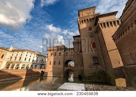 Estense Castle Or Castle Of San Michele (1385) Is A Moated Medieval Castle In The Center Of Ferrara,