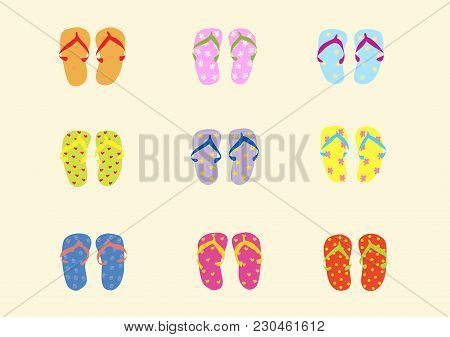 Set Of Colorful Flip-flops On Bright Background