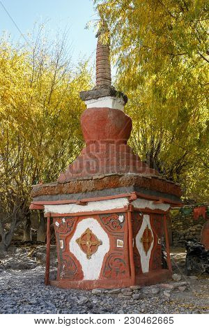 Small Red Tibetan Stupa In Lupra Village, Himalayas, Nepal