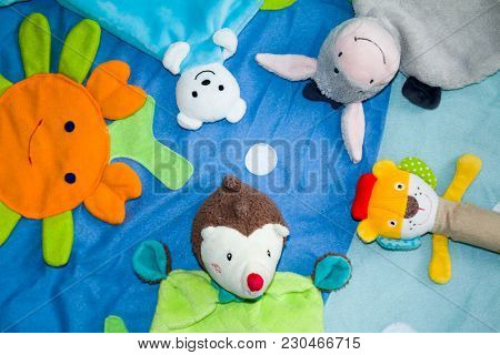 Colorful Baby Toys On Blut. Top View