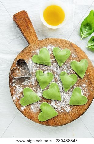 Green Stuffed Pasta. Different Types Of Filled Pasta. Heart Shape