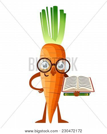 Carrot Mascot. Cartoon Carrot With Glasses Holds Book. Learning Concept. Vector Illustration Isolate