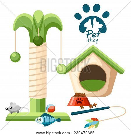 Cat Tree With Cat House. Red Bowl With Food. Cat Toys. Vector Illustration Isolated On White Backgro