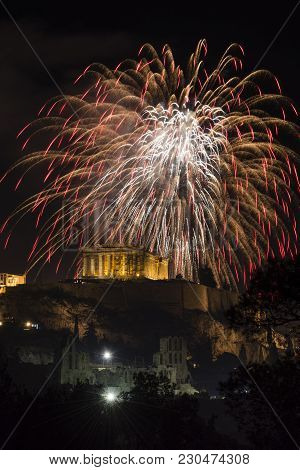 Fireworks Explode Over The Temple Of Acropolis In Athens, Grecce