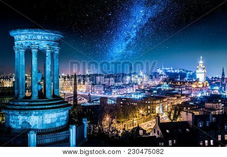 Night View With Stars From Calton Hill To Edinburgh, Scotland