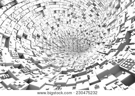 Multi-level Tiles With Geometric Shapes, Twisted Into A Spiral And Creating A Funnel In The Center. 