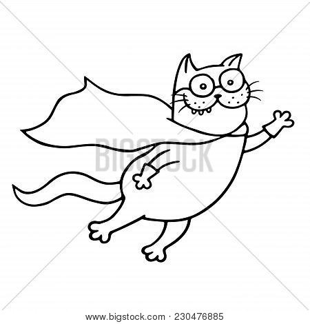 Super Cat Is Flies For A Feat. Funny Cartoon Superhero Character. Isolated Vector Illustration.