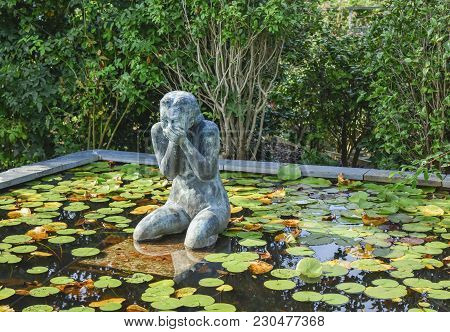 A Statue Of A Stone Laughing Woman Surrounded By Water Lilies