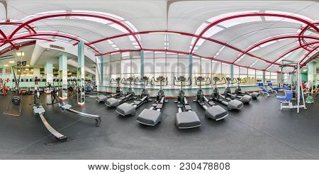Minsk, Belarus - September 10, 2017:  360 Angle Panorama View In Interior Of Sport Gym With Equipmen
