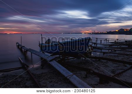 Sea Sunset At Black Sea Coast Near Ravda Village, Bulgaria. Blue Hour Sunset.