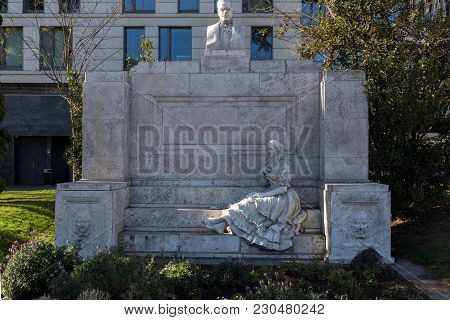 Madrid, Spain - January 21, 2018: Monument To Juan Valera At Paseo De La Castellana Street In City O