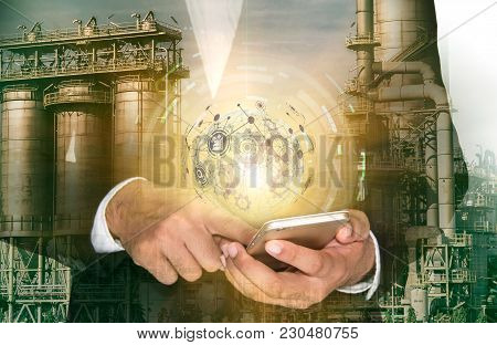 Double Exposure Of Engineer Hand Using Smart Phone And Connection Network Real Time Monitoring Syste